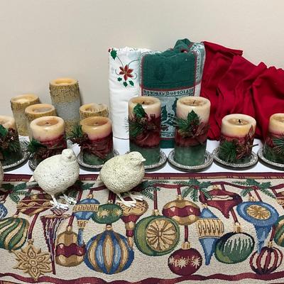 Christmas Runner, Candles w/glass holder, 8 red cloth napkins, metal birds