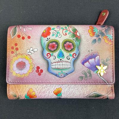 Anuschka Hand-Painted Leather Wallet Sugar Skull New