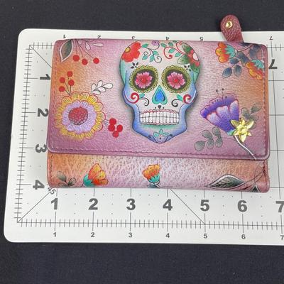 Anuschka Hand-Painted Leather Wallet Sugar Skull New