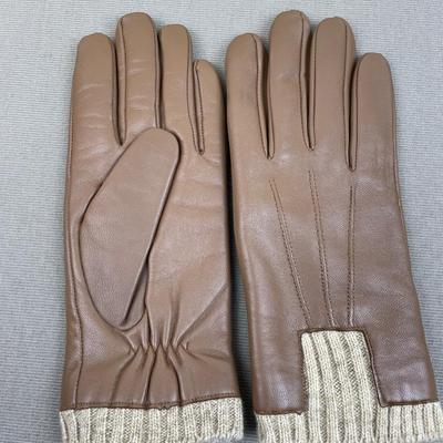 New Halston Leather Gloves Brown with Knit lining