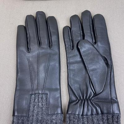 New Halston Black Leather Gloves with Knit Lining
