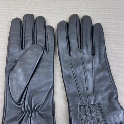 New Halston Black Leather Gloves with Knit Lining