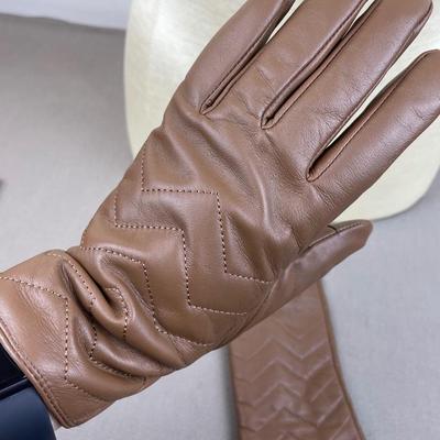 New Halston Brown Leather Gloves Chevron