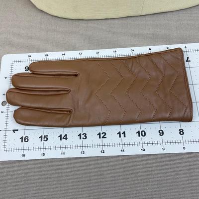 New Halston Brown Leather Gloves Chevron