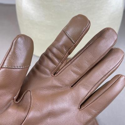 New Halston Brown Leather Gloves Chevron