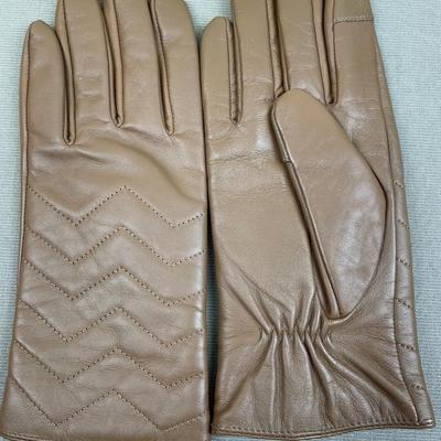 New Halston Brown Leather Gloves Chevron