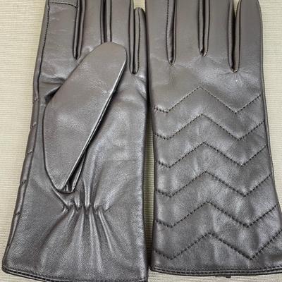 New Halston Dark Brown Leather Gloves Chevron