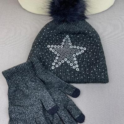 Joan Vass Beanie and Gloves Set Black Star