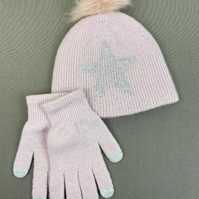 Joan Vass Light Pink Star Beanie and Gloves set