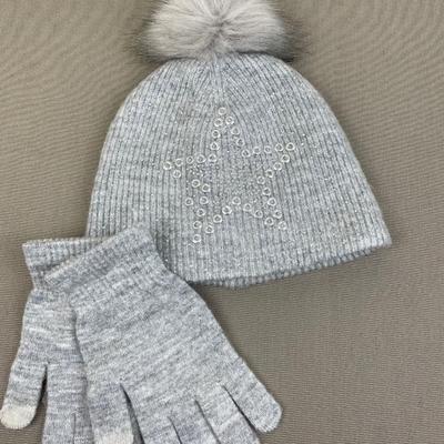 Joan Vass Light Grey Star Pom Beanie and Gloves Set