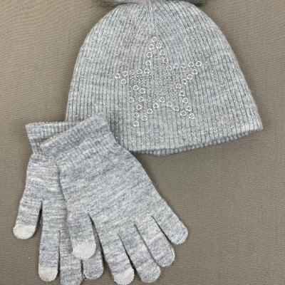 Joan Vass Light Grey Star Pom Beanie and Gloves Set