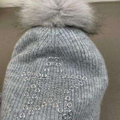 Joan Vass Light Grey Star Pom Beanie and Gloves Set