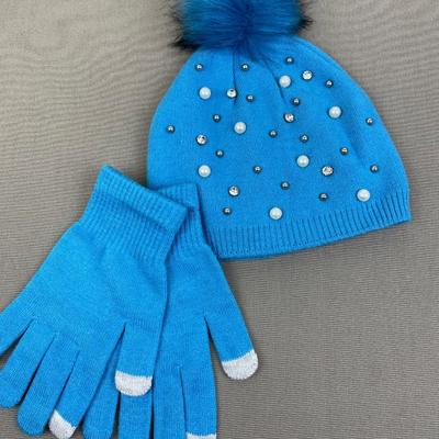 Joan Vass Turquoise Knit Pearls Beanie and Gloves Set