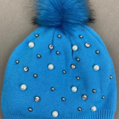 Joan Vass Turquoise Knit Pearls Beanie and Gloves Set