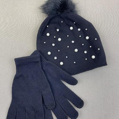 Joan Vass Black Knit Beanie and Gloves Set Pearls