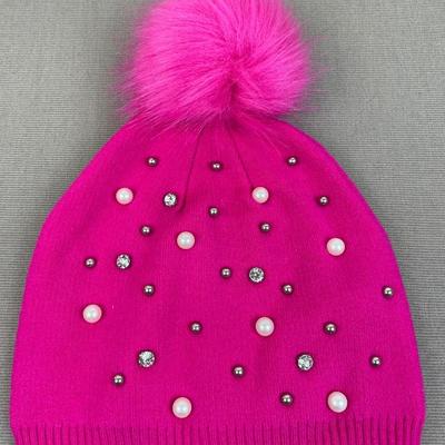Joan Vass Fuschia Pearls Knit Beanie and Gloves Set