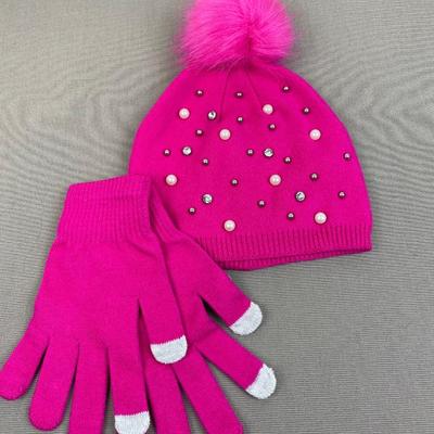 Joan Vass Fuschia Pearls Knit Beanie and Gloves Set