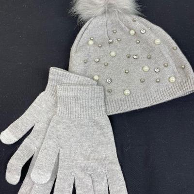 Joan Vass Light Grey Pearls Knit Beanie and Gloves Set