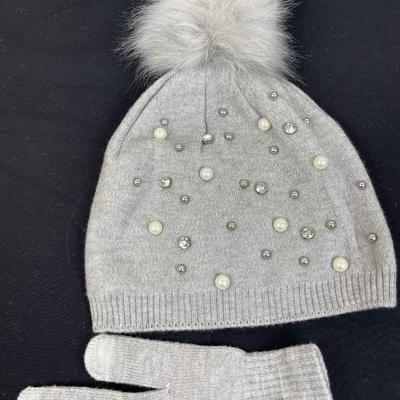 Joan Vass Light Grey Pearls Knit Beanie and Gloves Set