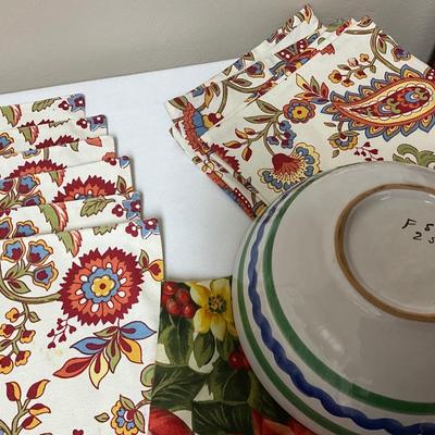 Placemats, serving bowls, apron