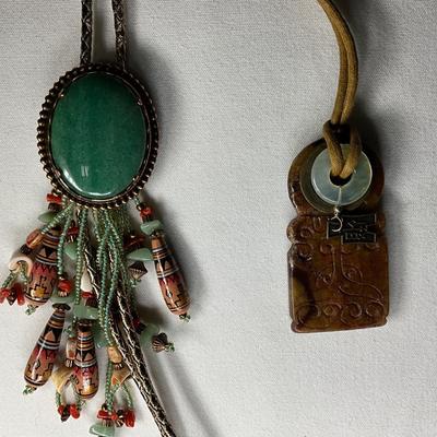 Native Am style bolo tie w/jade stone, Chinese jade pendant w/bi disc and carved pattern.