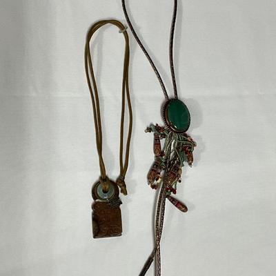 Native Am style bolo tie w/jade stone, Chinese jade pendant w/bi disc and carved pattern.