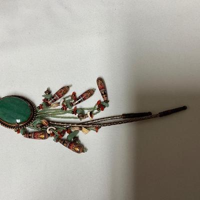 Native Am style bolo tie w/jade stone, Chinese jade pendant w/bi disc and carved pattern.