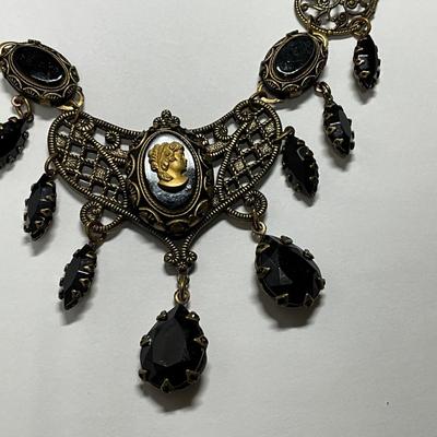 Bronze Necklace w/black stones and Clip Earrings