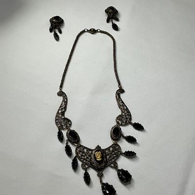 Bronze Necklace w/black stones and Clip Earrings