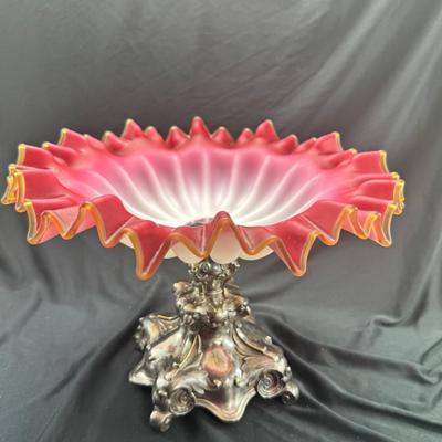 C Henninger Antique Glass ripple edge bowl with Silver plate pedestal