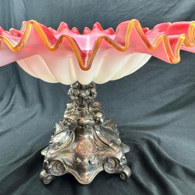 C Henninger Antique Glass ripple edge bowl with Silver plate pedestal