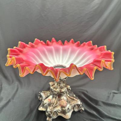 C Henninger Antique Glass ripple edge bowl with Silver plate pedestal