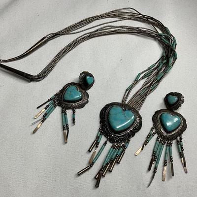 Sterling and Turquoise Necklace and Pierced Earrings