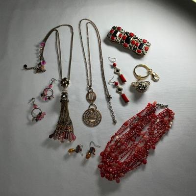 RED/Black stretch bracelet, coral necklace sets, gold Nk and key chain holder