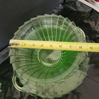 6 Piece Green Glass Vaseline Uranium Glass Jeanette Sierra Spinwheel Bowl Tray
