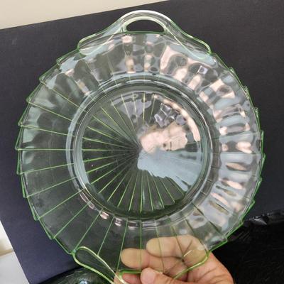 6 Piece Green Glass Vaseline Uranium Glass Jeanette Sierra Spinwheel Bowl Tray