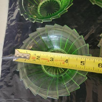 6 Piece Green Glass Vaseline Uranium Glass Jeanette Sierra Spinwheel Bowl Tray