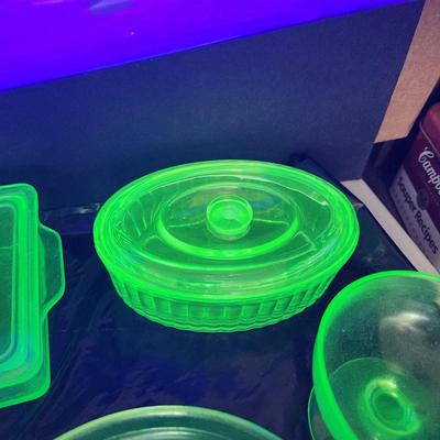 Lot of Green Glass Vaseline Uranium Glass Pitcher, Plates, Bowls, Cover Dishes