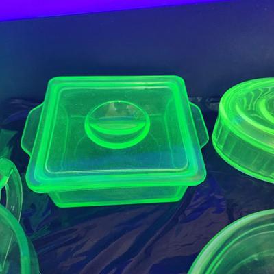Lot of Green Glass Vaseline Uranium Glass Pitcher, Plates, Bowls, Cover Dishes