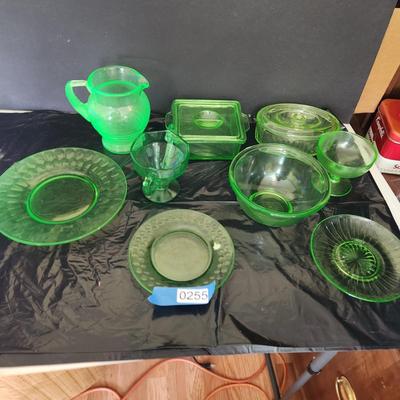Lot of Green Glass Vaseline Uranium Glass Pitcher, Plates, Bowls, Cover Dishes