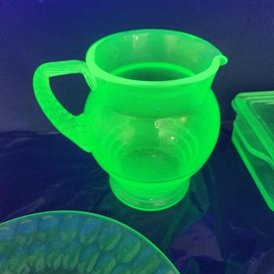 Lot of Green Glass Vaseline Uranium Glass Pitcher, Plates, Bowls, Cover Dishes