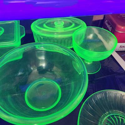 Lot of Green Glass Vaseline Uranium Glass Pitcher, Plates, Bowls, Cover Dishes