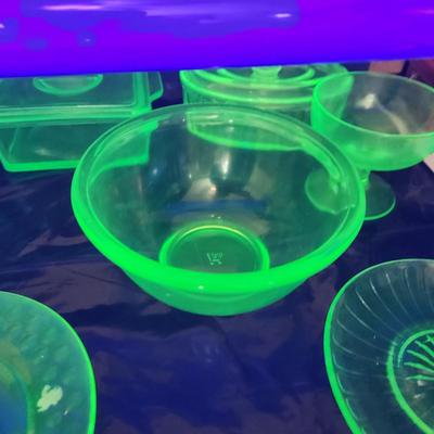 Lot of Green Glass Vaseline Uranium Glass Pitcher, Plates, Bowls, Cover Dishes