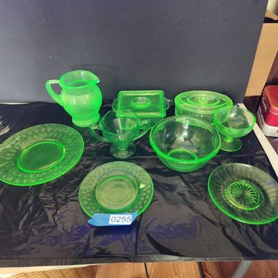 Lot of Green Glass Vaseline Uranium Glass Pitcher, Plates, Bowls, Cover Dishes