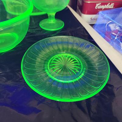 Lot of Green Glass Vaseline Uranium Glass Pitcher, Plates, Bowls, Cover Dishes
