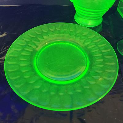 Lot of Green Glass Vaseline Uranium Glass Pitcher, Plates, Bowls, Cover Dishes
