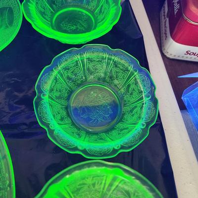 Large Lot of Green Glass Vaseline Uranium Glass Plates, Glass, Bowls