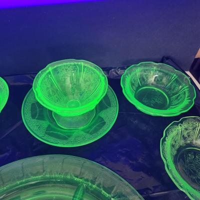 Large Lot of Green Glass Vaseline Uranium Glass Plates, Glass, Bowls