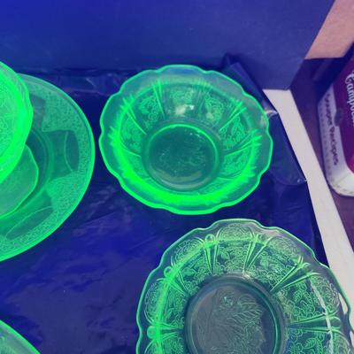 Large Lot of Green Glass Vaseline Uranium Glass Plates, Glass, Bowls