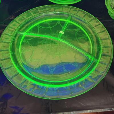 Large Lot of Green Glass Vaseline Uranium Glass Plates, Glass, Bowls